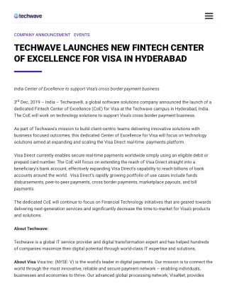 Techwave Launches New Fintech Center of Excellence for Visa in Hyderabad