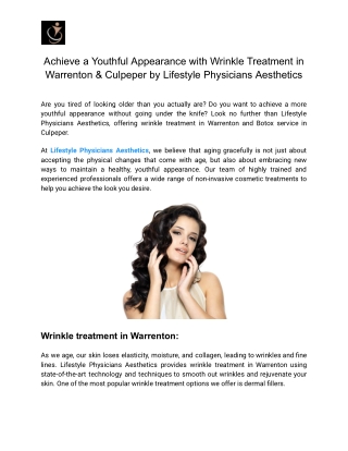 Achieve a Youthful Appearance with Wrinkle Treatment in Warrenton & Culpeper by Lifestyle Physicians Aesthetics