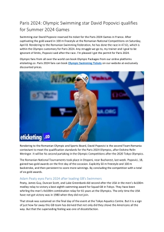 Paris 2024 Olympic Swimming star David Popovici qualifies for Summer 2024 Games