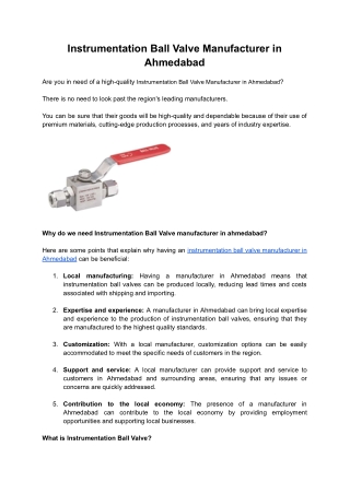 Instrumentation Ball Valve manufacturer in ahmedabad