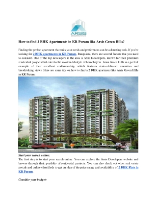 How to find 2 BHK Apartments in KR Puram like Arsis Green Hills_