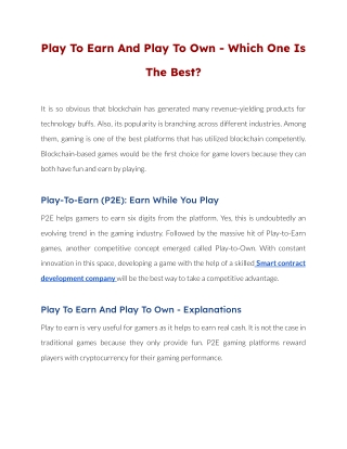 Play To Earn And Play To Own - Which One Is The Best