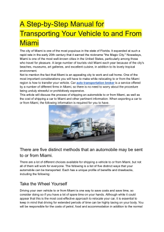 A Step-by-Step Manual for Transporting Your Vehicle to and From Miami