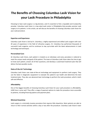 The Benefits of Choosing Columbus Lasik Vision for your Lasik Procedure in Philadelphia