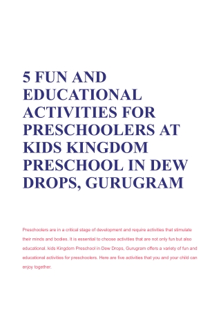 5 FUN AND EDUCATIONAL ACTIVITIES FOR PRESCHOOLERS AT KIDS KINGDOM PRESCHOOL IN DEW DROPS, GURUGRAM