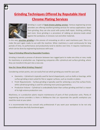 Grinding Techniques Offered by Reputable Hard Chrome Plating Services