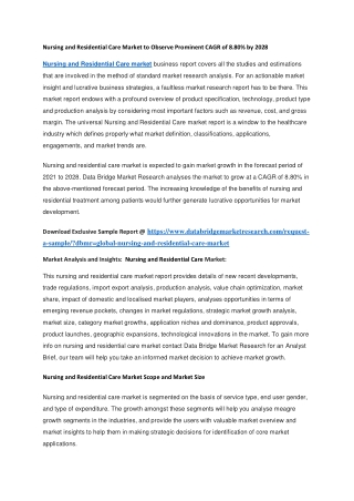 Nursing and Residential Care Market to Observe Prominent CAGR of 8.80 by 2028