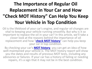 The Importance of Regular Oil Replacement in Your Car and How "Check MOT History