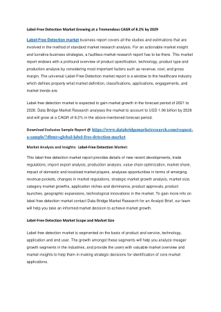 Label-Free Detection Market Growing at a Tremendous CAGR of 8.2 by 2029