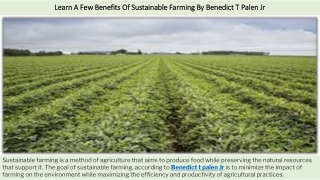 Learn A Few Benefits Of Sustainable Farming By Benedict T Palen Jr