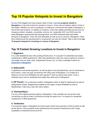 Top 10 Fast Growing Areas to Invest in Bangalore, Karnataka