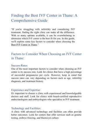 Finding the Best IVF Center in Thane: A Comprehensive Guide