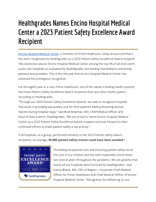 Healthgrades Names Encino Hospital Medical Center a 2023 Patient Safety Excellence Award Recipient