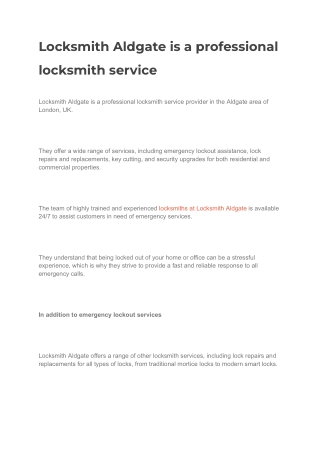 Locksmith Aldgate is a professional locksmith service