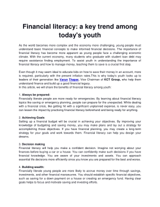 Financial literacy- A key trend among today's youth