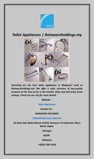 Toilet Appliances  Rainwareholdings.my