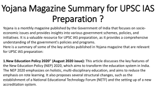 Yojana Magazine Summary for UPSC IAS Preparation