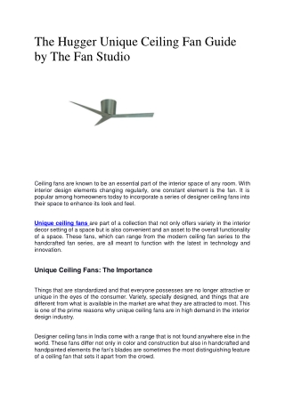 The Hugger Unique Ceiling Fan Guide by The Fan Studio