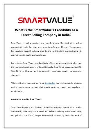 What is the SmartValue's Credibility as a Direct Selling Company in India