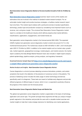 Next Generation Cancer Diagnostics Market to Perceive Excellent Growth of US 31.75 Billion by 2029