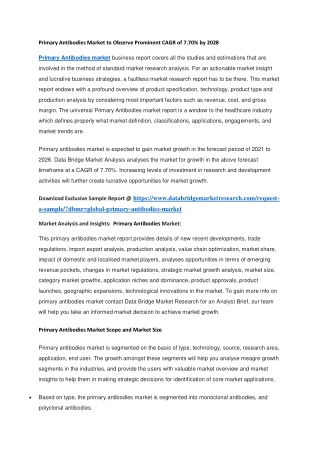 Primary Antibodies Market to Observe Prominent CAGR of 7.70 by 2028