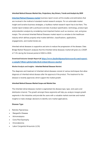 Inherited Retinal Diseases Market Size, Projections, Key Drivers, Trends and Analysis by 2029
