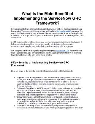 What Is the Main Benefit of Implementing the ServiceNow GRC Framework