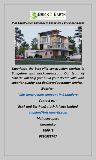 Villa Construction Company In Bangalore  Bricknearth