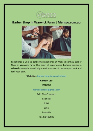 Barber Shop In Warwick Farm  Mensco.com