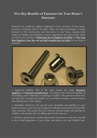 Five Key Benefits of Fasteners for Your Homes Structure