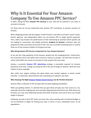 Why Is It Essential For Your Amazon Company To Use Amazon PPC Service
