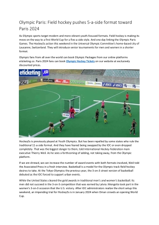 Olympic Paris Field hockey pushes 5-a-side format toward Paris 2024