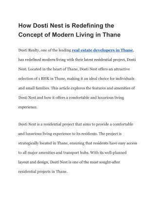 How Dosti Nest is Redefining the Concept of Modern Living in Thane