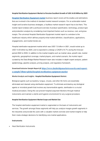 Hospital Sterilization Equipment Market to Perceive Excellent Growth of USD 14.03 Billion by 2029