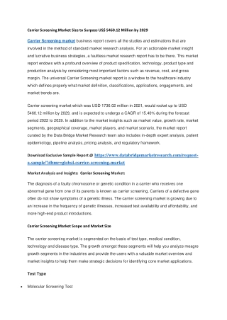 Carrier Screening Market Size to Surpass US 5460.12 Million by 2029