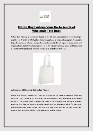 Cotton Bag Factory Your Go to Source of Wholesale Tote Bags