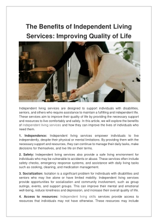 The Benefits of Independent Living Services Improving Quality of Life