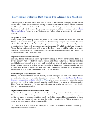 How Indian Talent Is Best Suited For African Job Markets