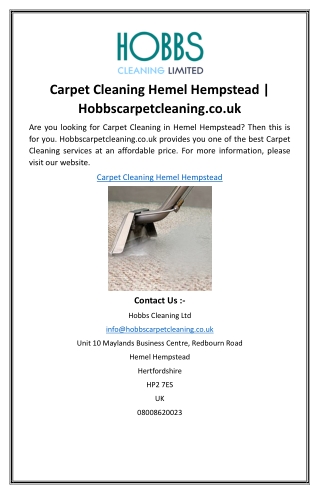 Carpet Cleaning Hemel Hempstead | Hobbscarpetcleaning.co.uk