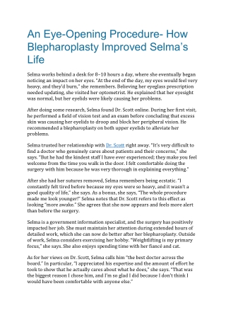 An Eye-Opening Procedure- How Blepharoplasty Improved Selma’s Life