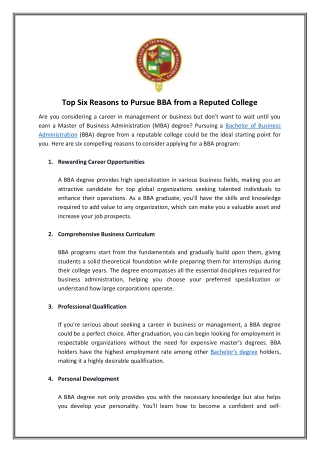 Top Six Reasons to Pursue BBA from a Reputed College