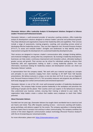 Clearwater Advisers offers Leadership Analysis & Development Solutions Designed to Enhance Leaders' Personal and Profess