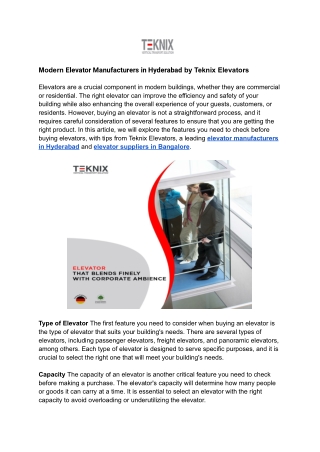 Modern Elevator Manufacturers in Hyderabad by Teknix Elevators