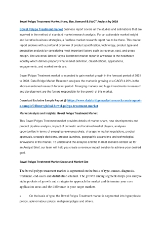 Bowel Polyps Treatment Market Share, Size, Demand & SWOT Analysis by 2028