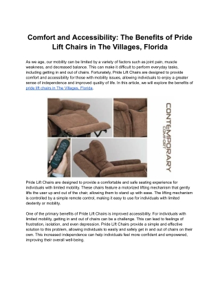 Comfort and Accessibility: The Benefits of Pride Lift Chairs in The Villages, Fl