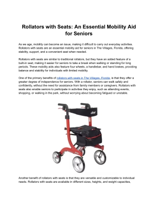 Rollators with Seats: An Essential Mobility Aid for Seniors