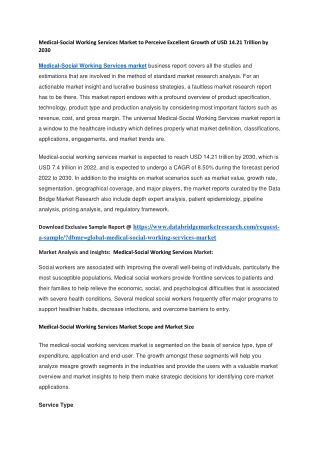 Medical-Social Working Services Market to Perceive Excellent Growth of USD 14.21 Trillion by 2030