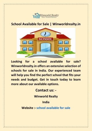 School Available for Sale  Winworldrealty in