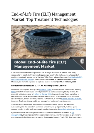 End-of-Life Tire (ELT) Management Market: Top Treatment Technologies