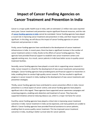 Impact of Cancer Funding Agencies on Cancer Treatment and Prevention in India